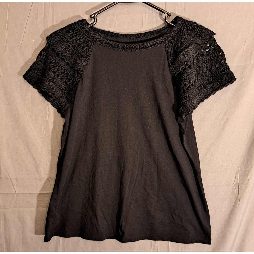Loft Short‎ Sleeve Shirt With Crochet Sleeves Women's Size XS Black Boho